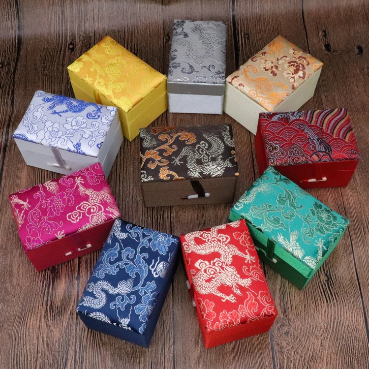 

4 Size 10pcs Rectangle Chinese Silk New year Gift Box Cotton Filled Favor Packaging Jewelry Storage Case Crafts Stone Collector