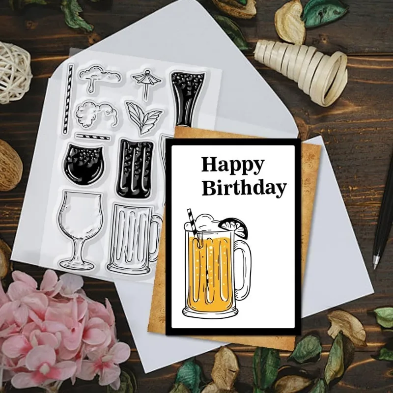 1 Set Beer Clear Stamps and Cutting Dies Beer Stamps and Embossing Die Cuts Silicone Stamp Cards Metal Cutting Die