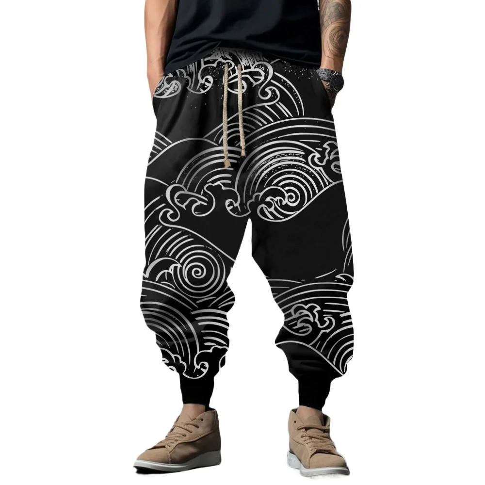 2024 Mens Pants Spring Summer Men's Casual Pants Business Outdoor Baggy Pants with Pockets Men's Wave Print Vintage Sweatpants