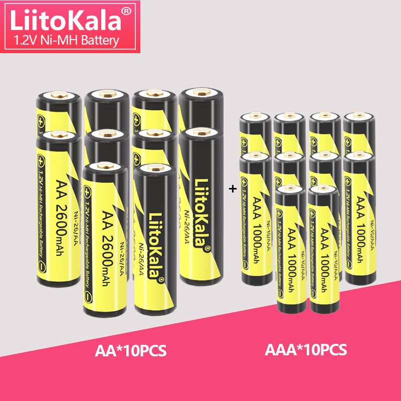10Pcs LiitoKala AAA 1000mAh/AA 2600mAh 1.2V Ni-MH Rechargeable Battery for Temperature Gun Remote Control Mouse toy with box