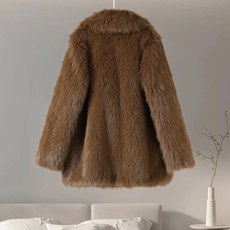 Luxury Brown Faux Fur Coats Women Fashion Full Sleeve Lapel Long Warm Jacket Winter Fluffy Thick High Street Outerwear New