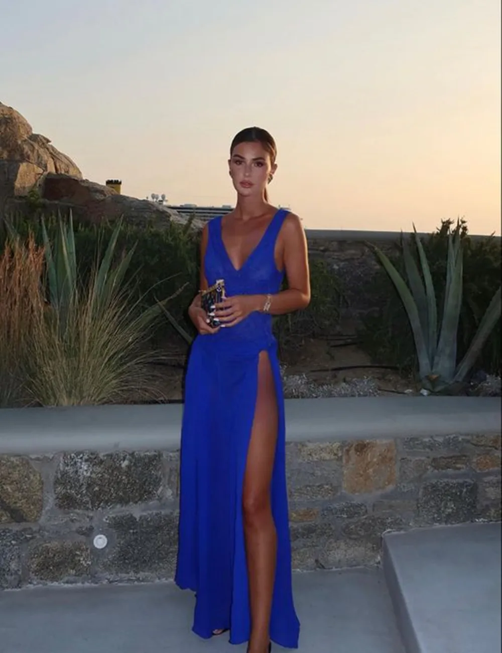 

Sexy Blue Deep V-neck Side Split Satin Prom Dress