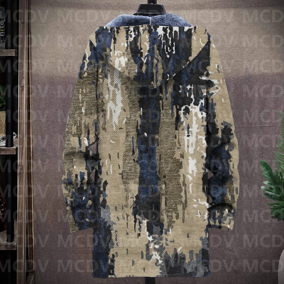 Men's Retro Pattern 3D Printed Plush Thick Long-Sleeved Coat Fleece Hooded Overcoat Unisex Thick Warm Jacket