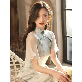 2024 Summer Cheongsam New Fairy Young Style elegante Retro Qipao Girl Small Fresh Length Modern Oriental Dress 1