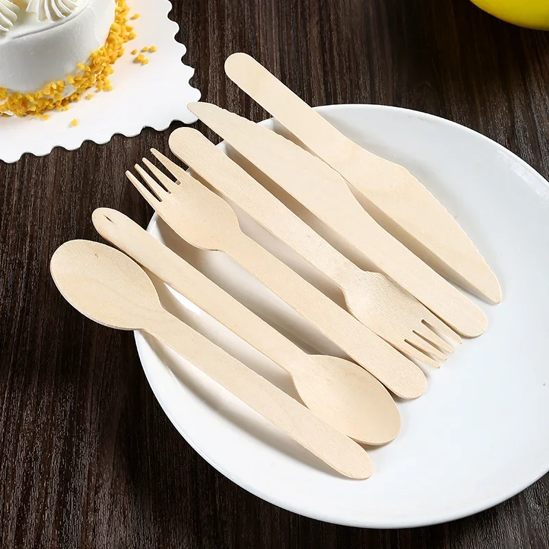Disposable Wooden Spoon Set Wooden Knife Fork Cake Dessert Spoon Fruit Fork Ice Cream Biodegradable Commercial Tableware