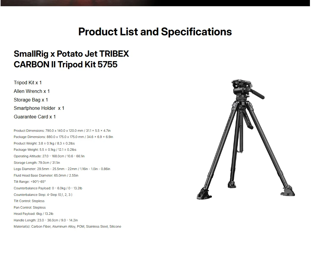 x Potato Jet TRIBEX CARBON II Tripod Kit Video Head Included One-Squeeze Height