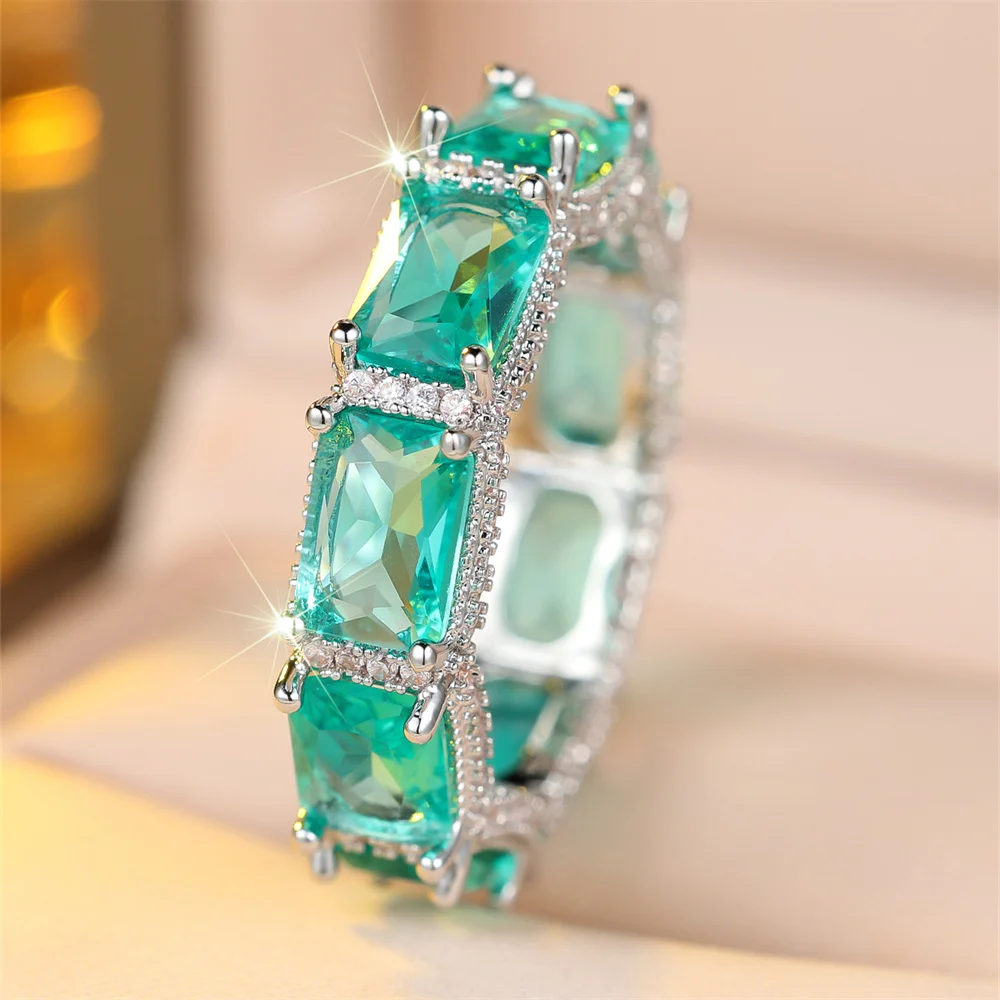 Green Crystal Zircon Rectangle Stone Rings For Women Vintage Silver Color Engagement Ring Wedding Jewelry Bridal Versatile Gifts