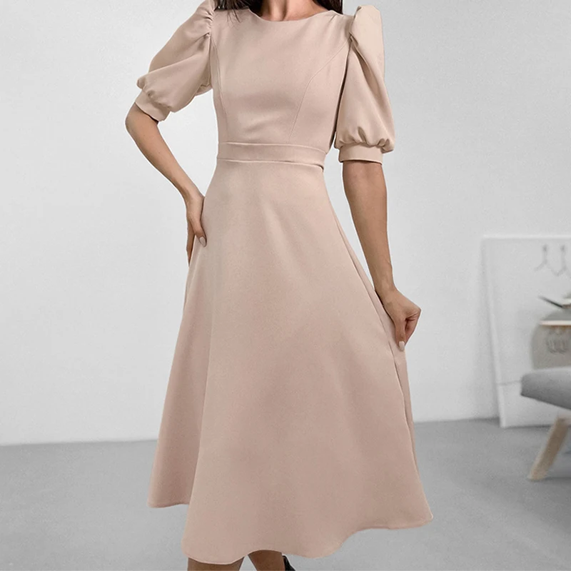 

Simple Fashion Solid Color Commuting Dress Women Spring Crew Neck A-Line Long Dress Summer Puff Short Sleeve Party Maxi Dresses