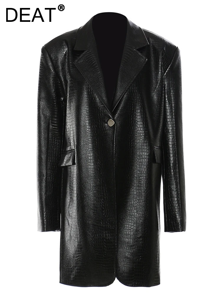 

Женский плащ из ПУ кожи DEAT, свободная ветровка на одной пуговице, с разрезом, с каменным узором и карманами, весна 2024