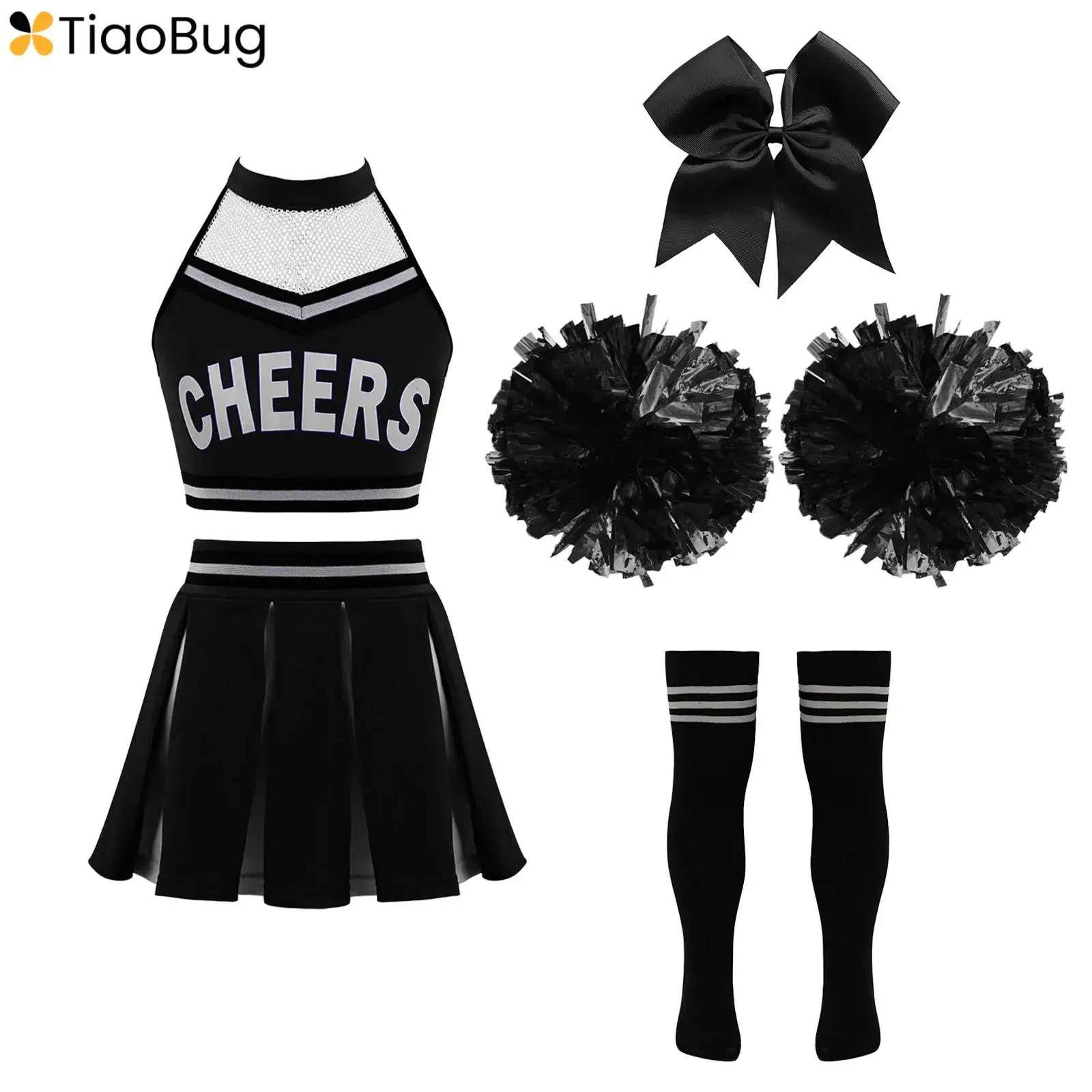 

Kids Girls Halloween Costume Cheer Leader Cheerleading Uniform Halter Dance Crop Top with Skirt Sets Pom Poms Stocking Hair Tie