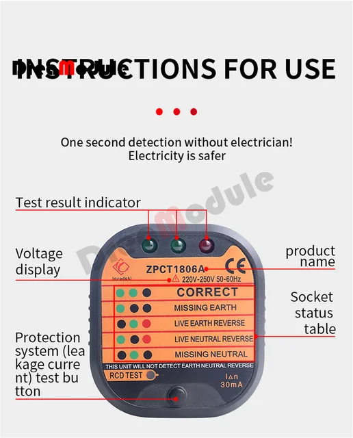 Testeur de prise électrique Détecteur de fuite Affichage à cristaux  liquides Fil de terre Fil zéro Fil de feu Phase Electroscope multifonction  Rcd Ncv Testeur de circuit Détecteur de polarité Prise ue