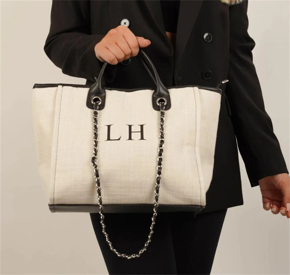 

Personalised Monogram Canvas Cream and Black Tote Bag| Initial Bag | Handbag | Beach Bag | Bride Gift | Birthday Gift! Chain tot