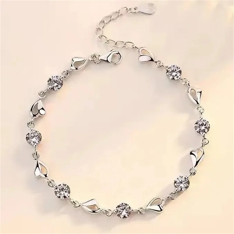 

925 Sterling Silver Zircon Love Heart Shaped Bracelets crystals For Women Valentines Gift Wedding party cute Jewelry 8inches