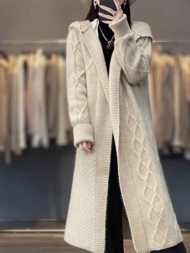 Women 100% Merino Wool Long Cardigan Long Sleeve Twisted Sweater Coat Autumn Winter Loose Warm Cashmere Knitwear Female Outwear