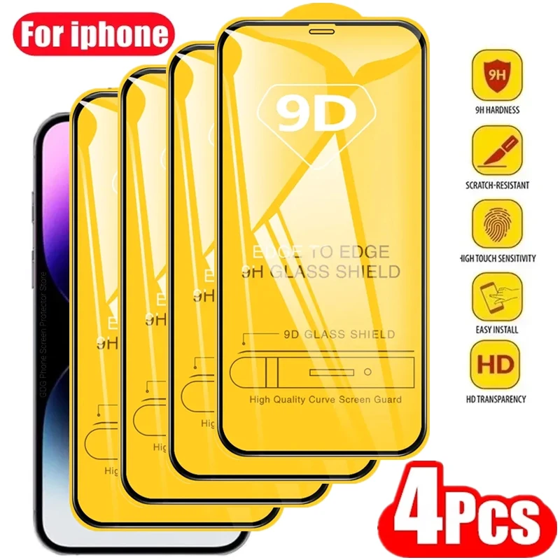 

4PCS 9D Tempered Glass for iPhone 14 13 12 11 Pro Max 12Mini 13Mini 6S 7 8 Plus Screen Protector for IPhone 11 X XR XS MAX Glass