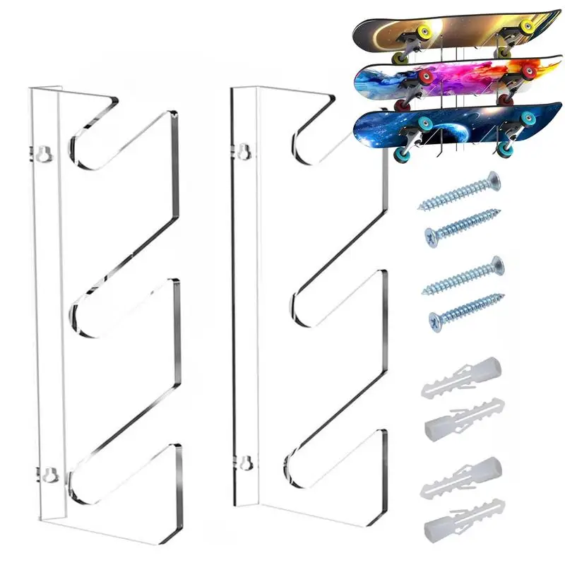 

Acrylic Skateboard Wall Mount 3-Tier Horizontal Rack Hangers For Snowboard Longboard Skateboard Storage Saving Wall Space