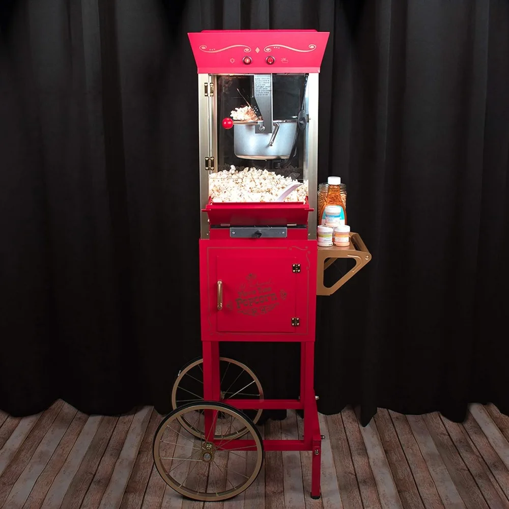 Popcorn Maker Machine, Professional Cart With 8 Oz Kettle Makes Up to 32 Cups, Vintage Popcorn Machine Movie Theater Style-Red