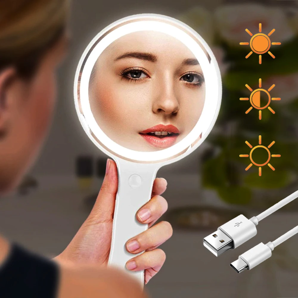 USB Makeup Mirror With Led Light Compact Hand Mirrors With Handle Vanity Round Portable Travel Smart Make Up Touch Screen Miroir_voghion.com