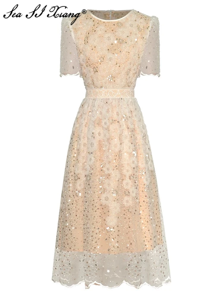 

Seasixiang Fashion Designer Summer Mesh Dress Women O-Neck Short Sleeve Sequins Beading Appliques Elegant Party Dresses
