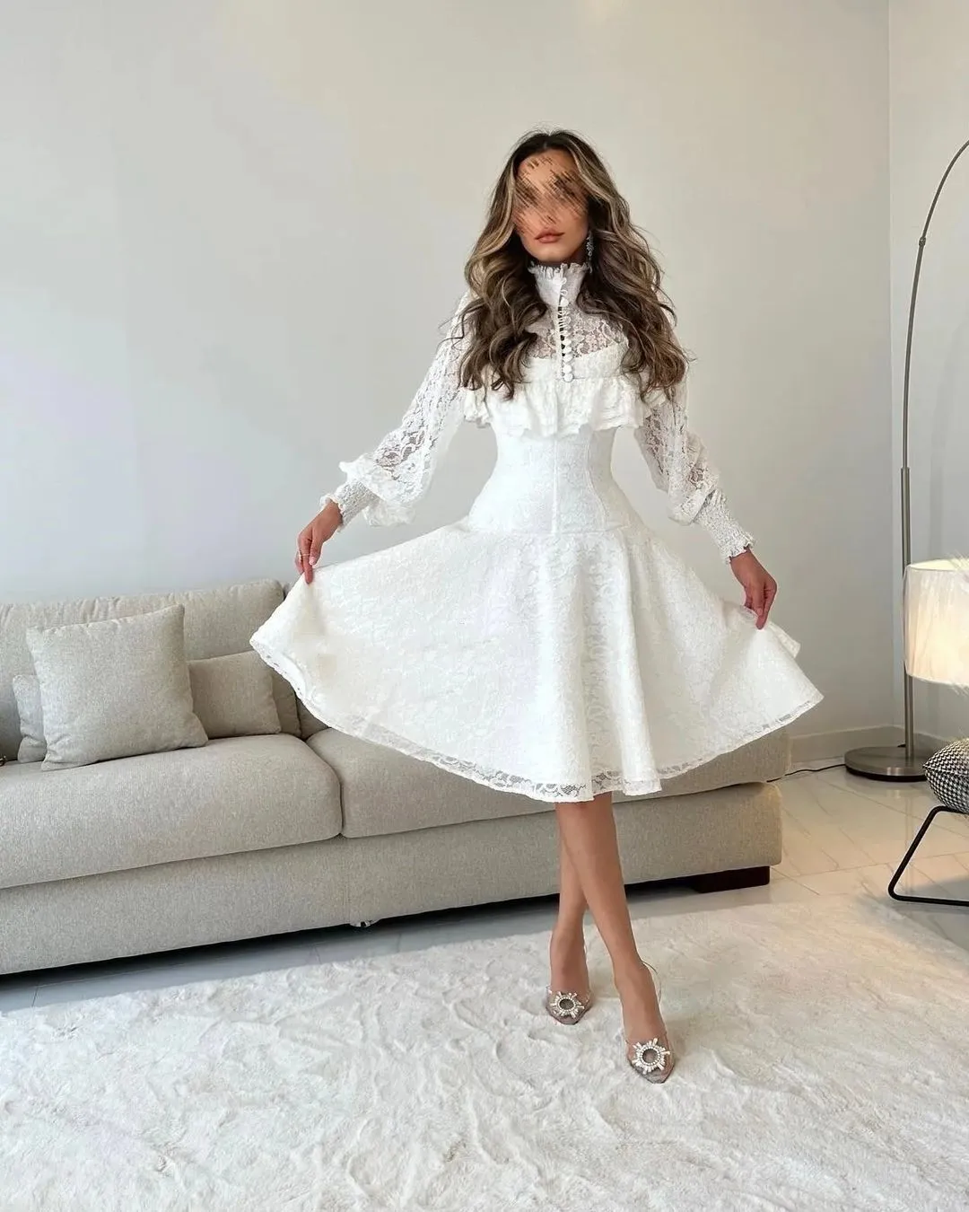 

High Neck Lace Button Prom Dresses 2024 Arabia Ruffles A-Line Long Sleeves Customizable Formal Occasion Dresses Robes De