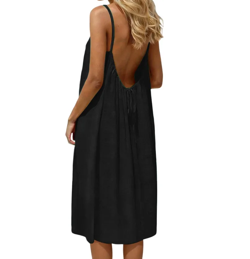 Solid Color Simple Dress Summer Loose Casual Comfortable Beach Resort Style Pleated Mid-waist Backless Suspender Short Dresses 1
