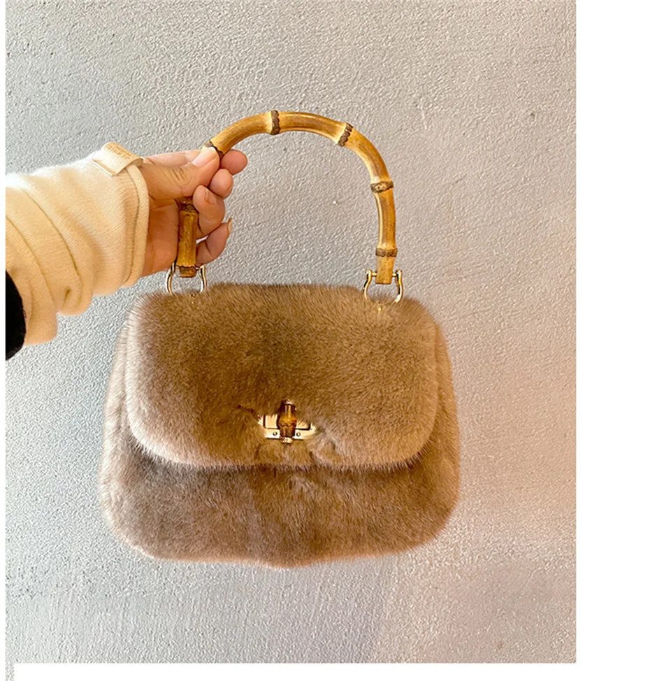 Premium-Qualität Natürliche Nerz-Damenhandtasche Modische Neue Damen-Bambus-Umhängetasche Trendige Flauschige Fell-Handtasche – Detail 20