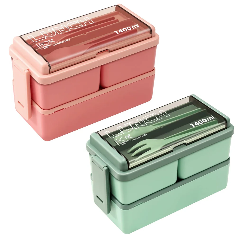 Description Picture 2 of item1Pc Double Layer Portable Lunch Box For Kids With Fork and Spoon Microwave Bento Boxes Dinnerware Set Food Storage Container