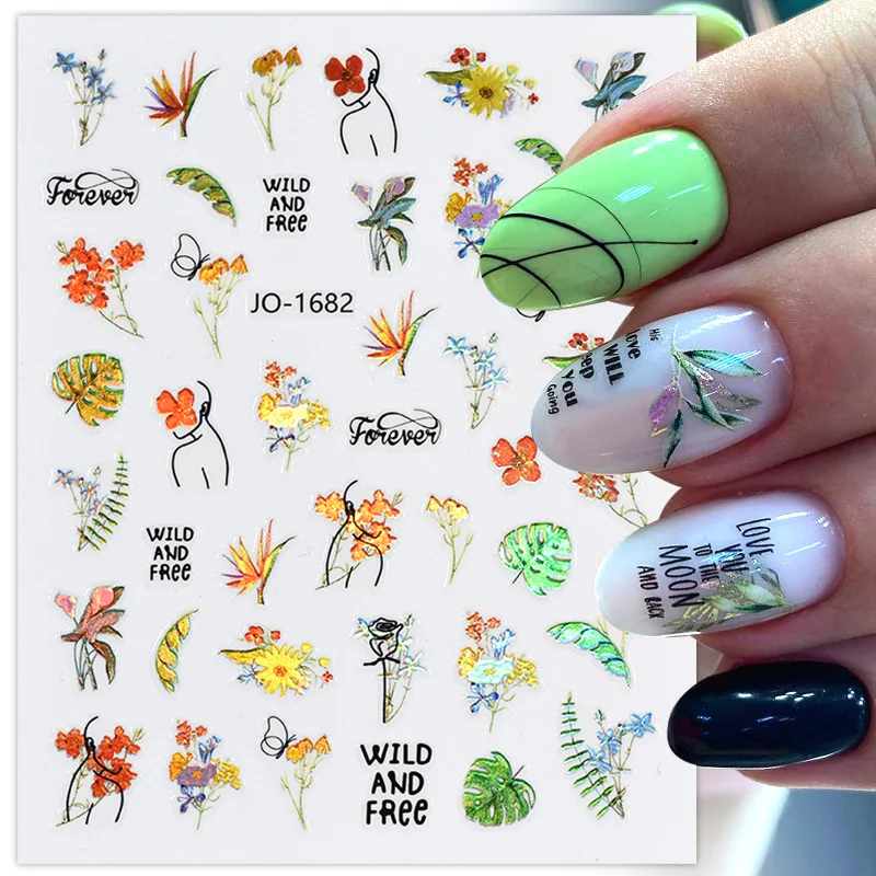 1PC Palm Flowers Leaves 3D Nail Stickers Self-Adhesive Nail Art Decorations Geometry Leaf Decals