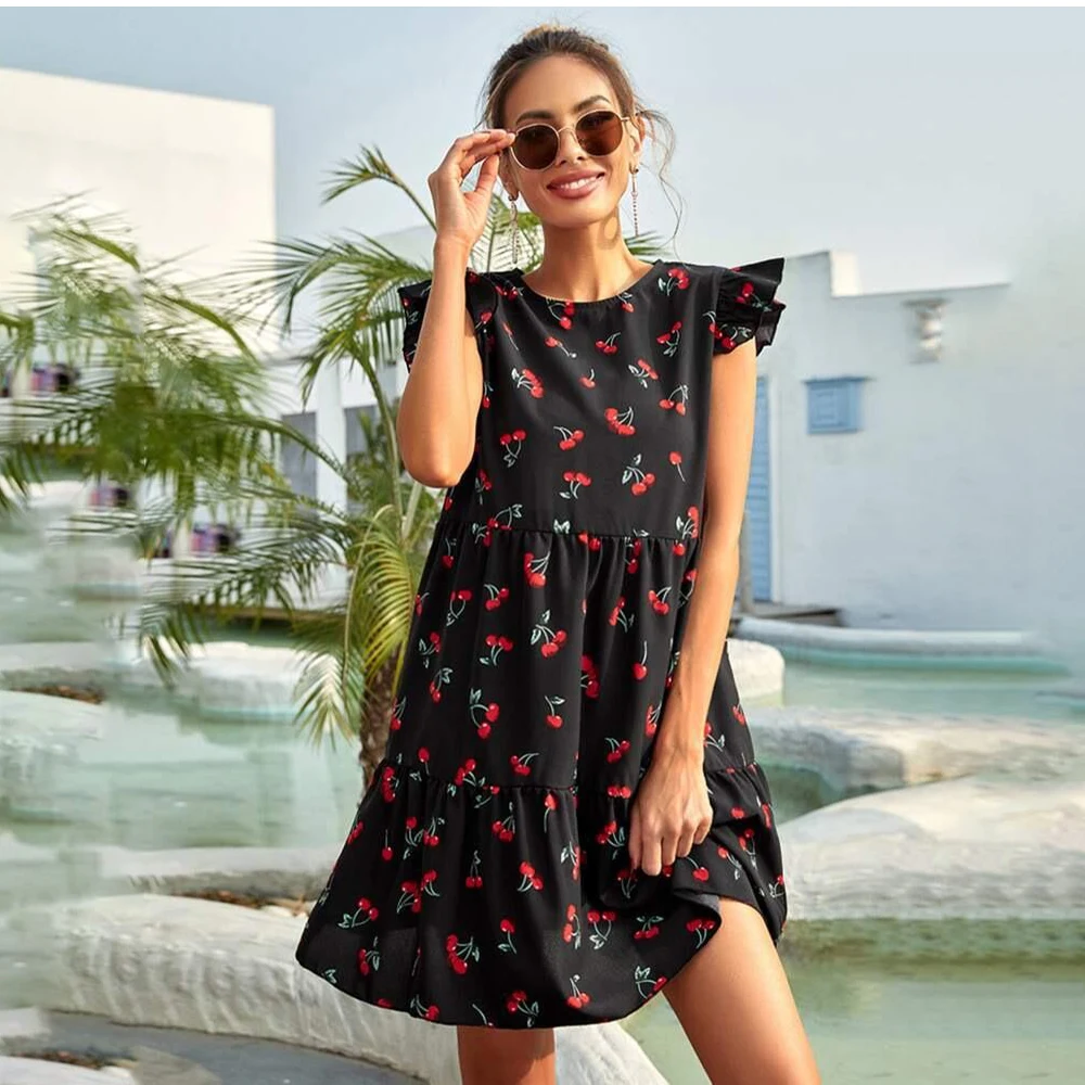 Summer Print Women Dress Casual Loose O-neck Sweet Beach Party Dresses Fashion Ruflles Office Mini Dress For Women Robe Femme maternity dresses