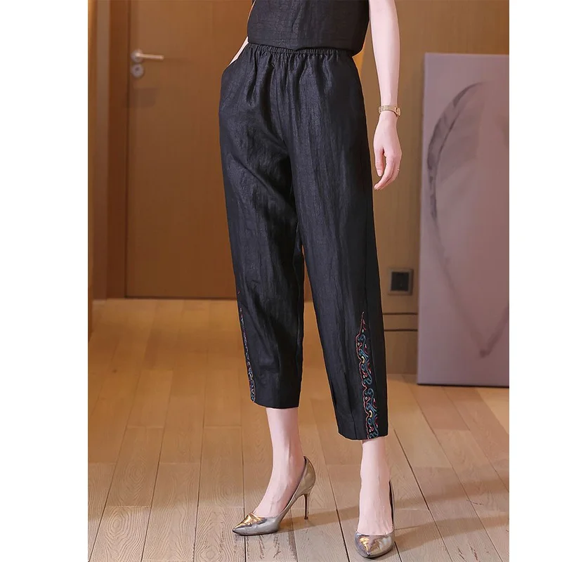 2023 New Spring and Summer High End Heavy Industry Embroidery Ethnic Style Capris Casual Loose Oversize Women's Harlan Pants