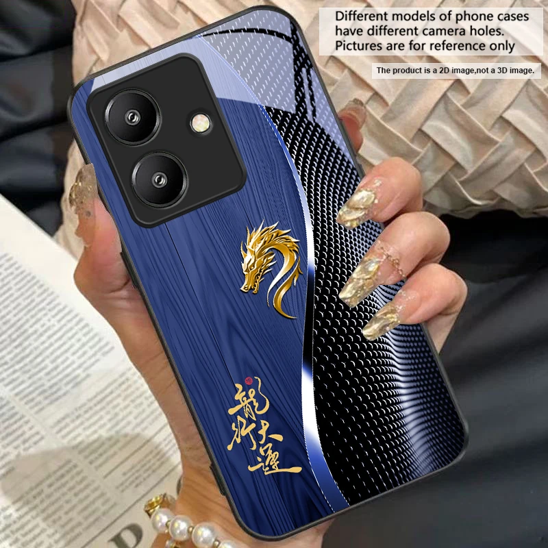 Elegant Black Tempered Glass Phone Case with Traditional Dragon Totem Design