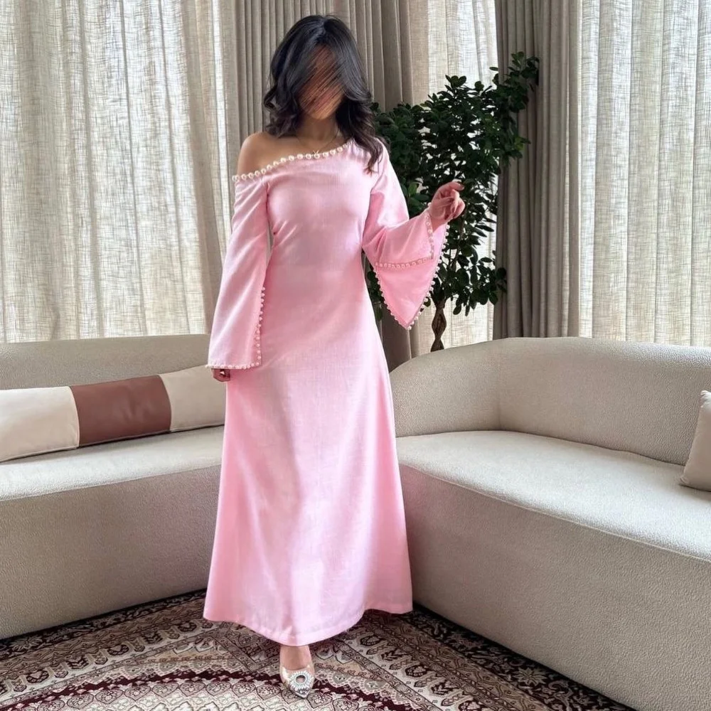 Jersey Pearl Draped Quinceanera A-line Off-the-shoulder Bespoke Occasion Gown Long Sleeve Dresses