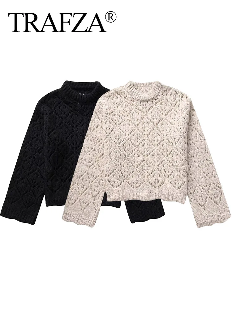 

TRAFZA Female Fashion Casual Knitted Tops Solid O-Neck Long Sleeves Hollow Out Pullovers Autumn Sweater Tops Woman 2023 Trendy