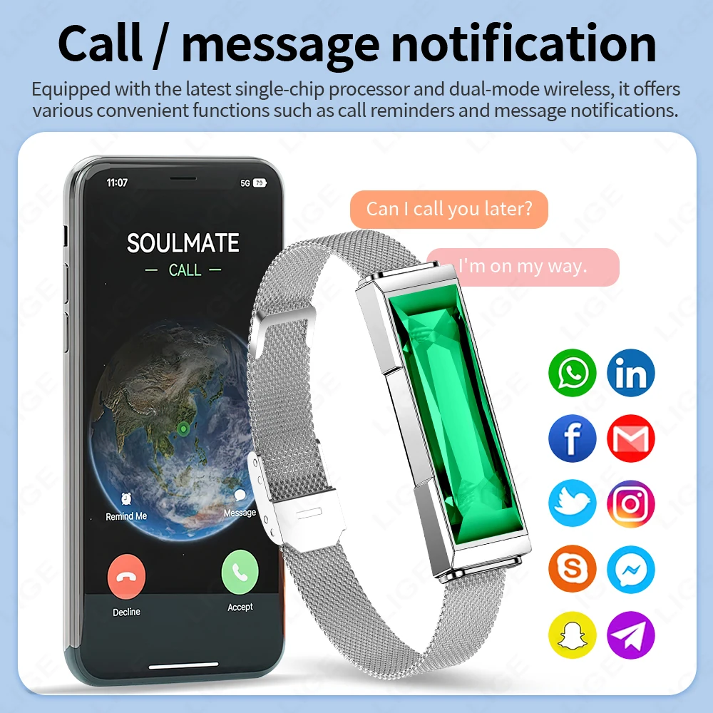 LIGE Fashion Rhinestone Smart Bracelet Health Tracker Sleep Heart Rate Monitor Sport Band 1ATM Waterproof Smart Watch For Women