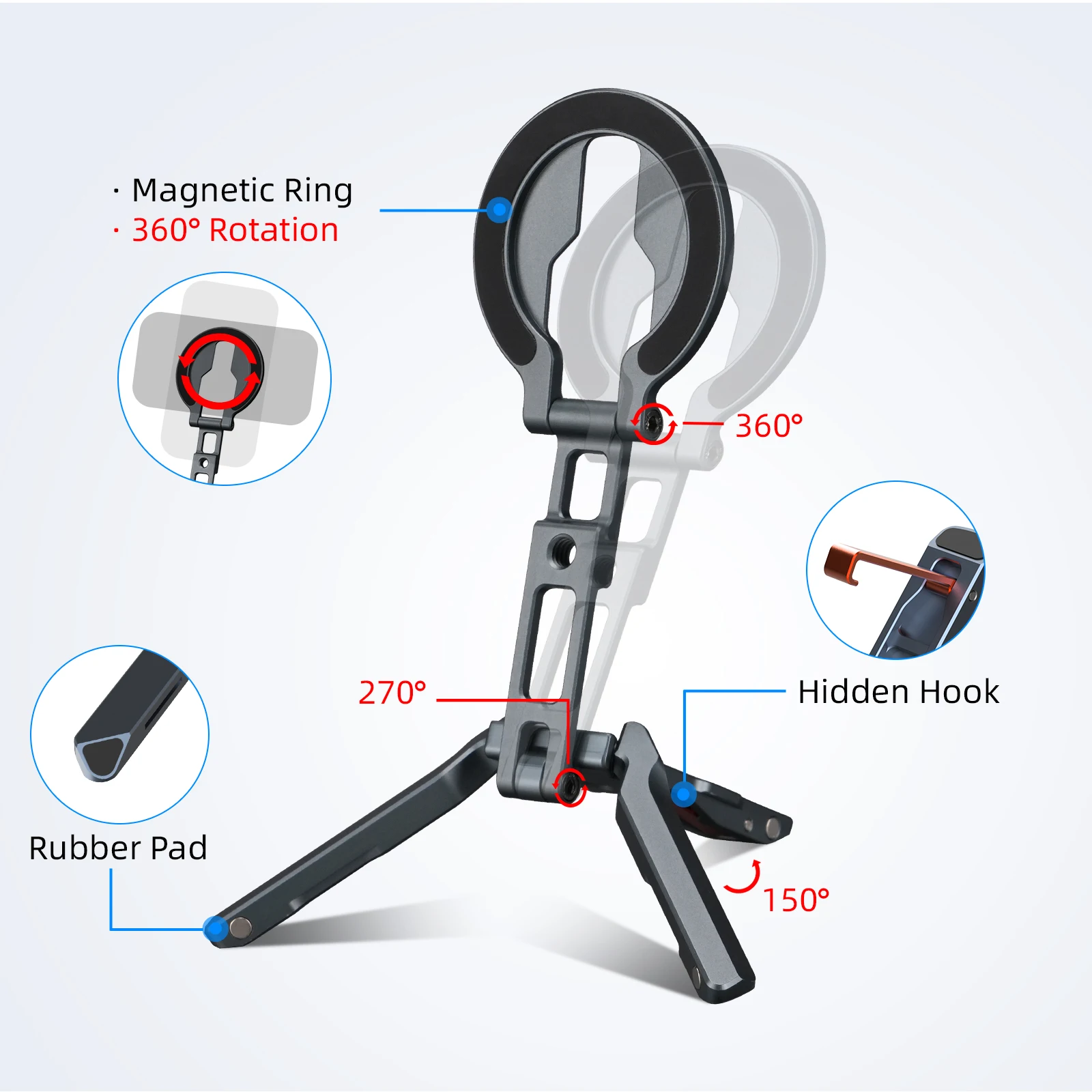 Magnetic Foldable Pocket Phone Holder with Hook and Tripod Functionality