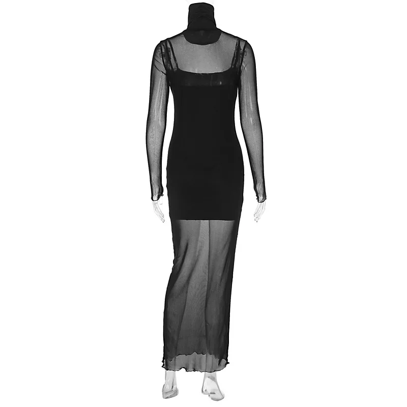 Conjunto de dos piezas de malla para mujer, vestido mini transparente, ajustado, sexy, de moda, de manga larga, con retazos, otoño 2025