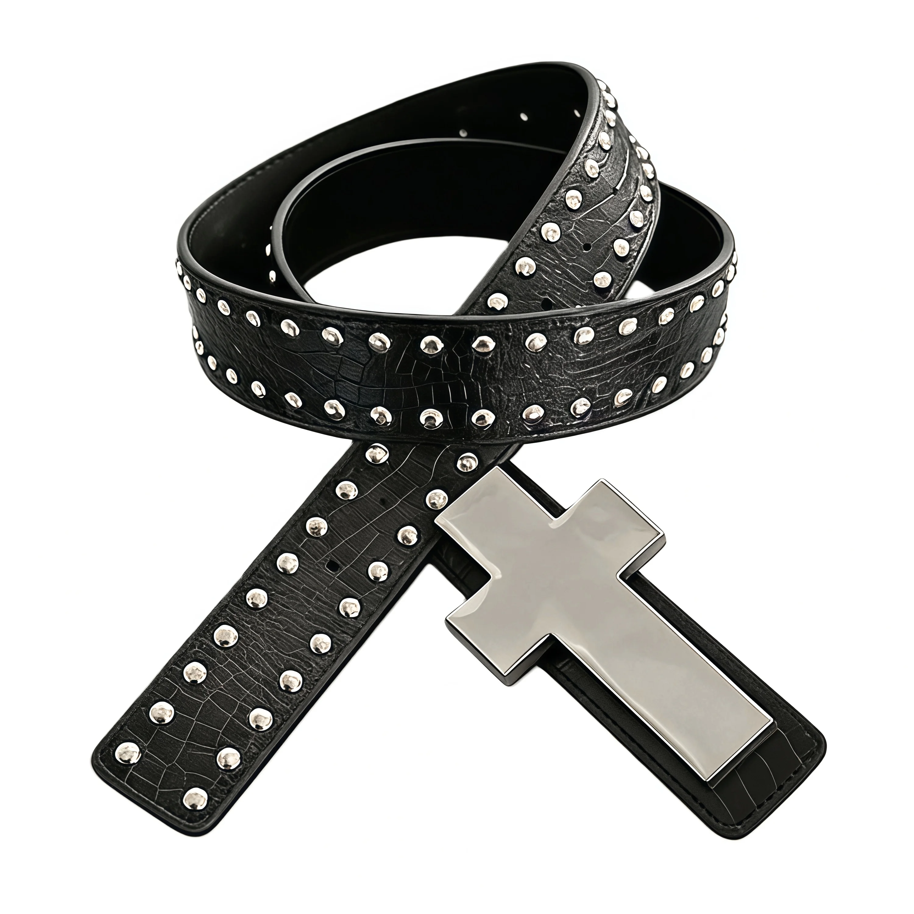 Crackle-Patterned Studded Metal Cross Belt, a Subcultural Gothic Punk Dark-Style Outfit Accessory