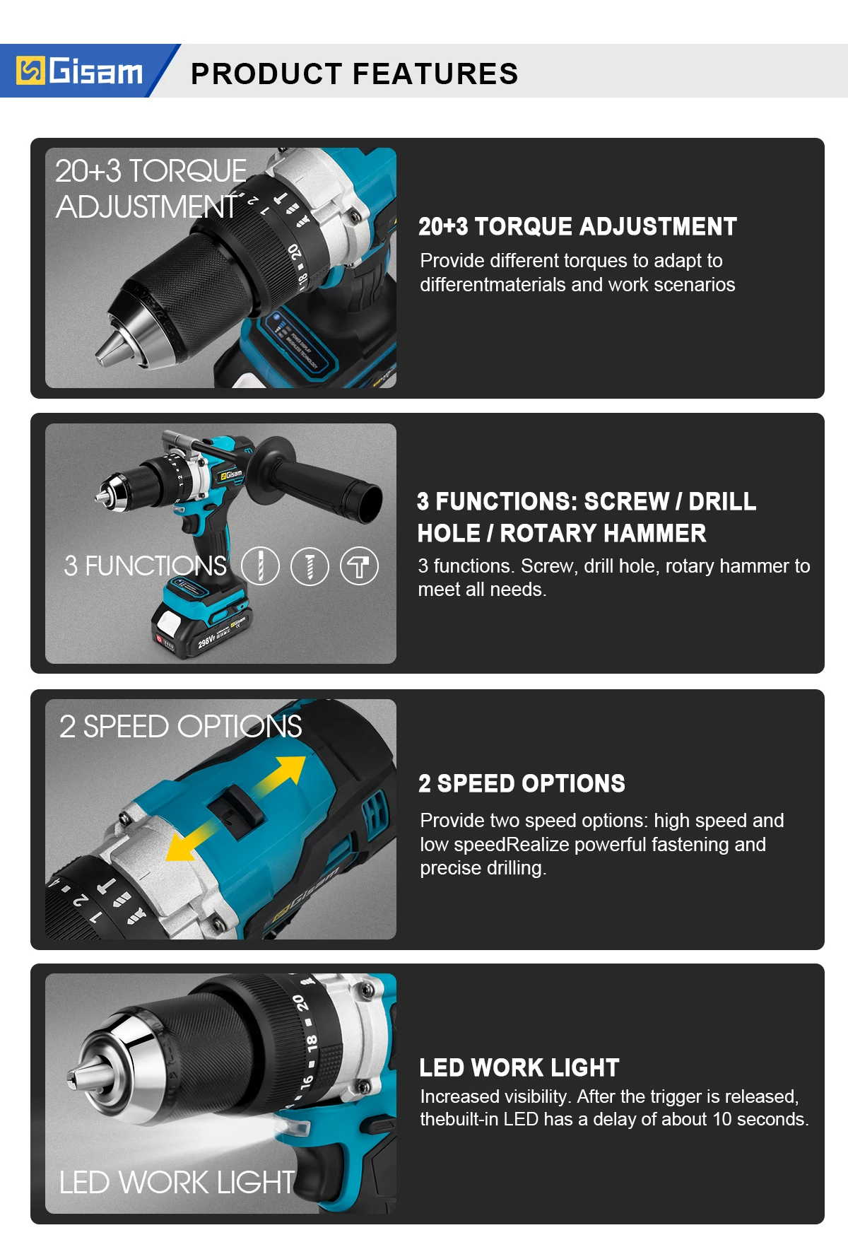 Powerful Electric Impact Drill Screwdriver 13mm Chuck Brushless Battery Impact H