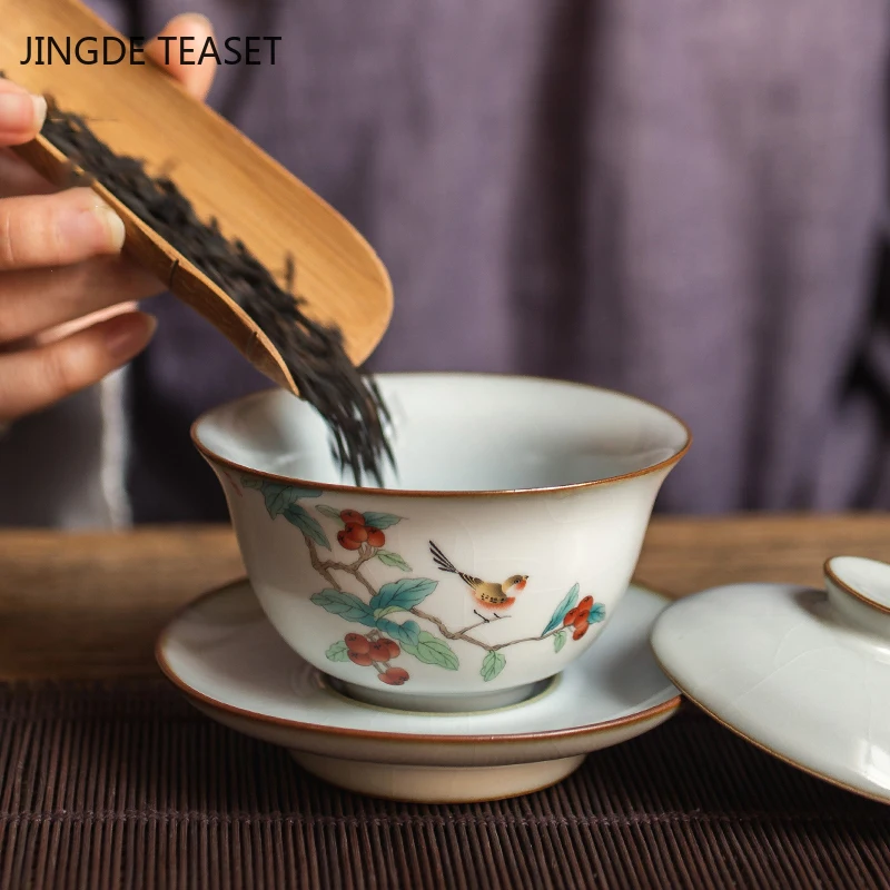 Dehua Vintage ceramic Tea Gaiwan Teacup Handmade Tea tureen Chinese Ru Kiln set Accessories Ceremony Drinkware 150ml