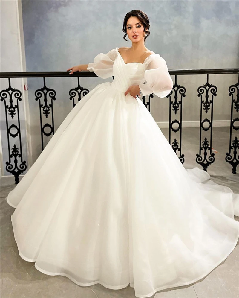 

Elegant Wedding Dress Off Shoulder Puff Sleeves Backless Pleat Organza Wedding Gowns Bride Dress Vestidos De Novia