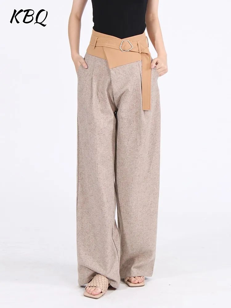 KBQ Casual Spliced Belt Wide Leg Pants For Women High Waist Colorblock Loose Folds Straight Trousers Female Fashion Clothes New kbq colorblock straight denim trousers for women high waist spliced pocket loose casual wide leg jeans female fashion clothing