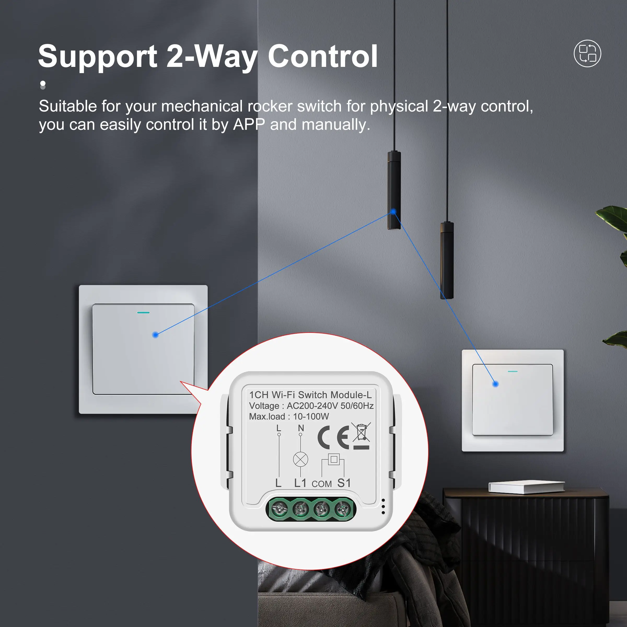 GIRIER Tuya WiFi Smart Switch Module No Neutral Wire Required Breaker Relay 1 2 3 4 Gang Supports 2 Way Control Alexa Hey Google