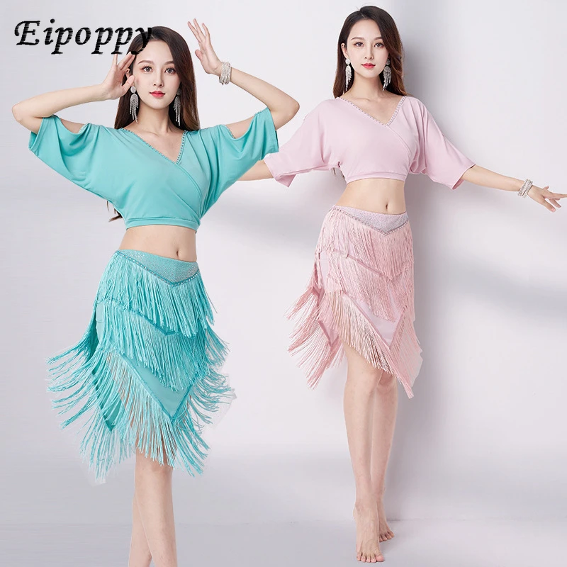 

Belly Dance V-neck Sexy Hot Drilling Tassel Dress Suit New Oriental Dance Costume Exercise Clothing Women