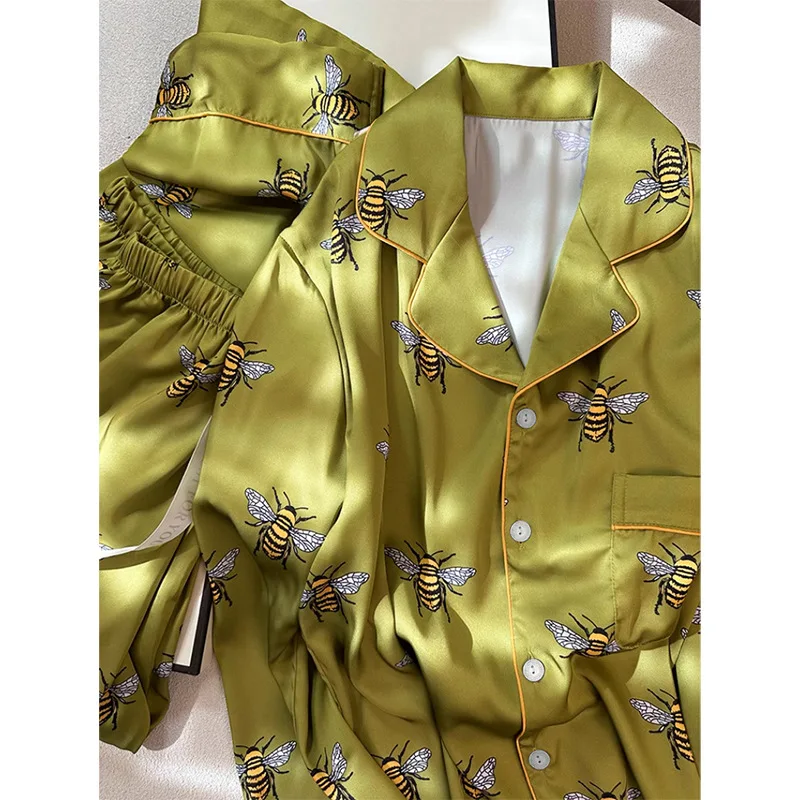 Women's Pajama Set Spring Autumn 2 Piece Bee Print Pyjama Pocket Faux Silk Satin Sleepwear Long Sleeve Pijama Mujer Pjs Homewear