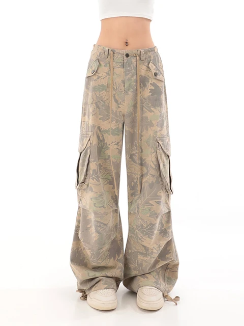 Pantalones militares vintage caqui pierna cónica estilo cargo