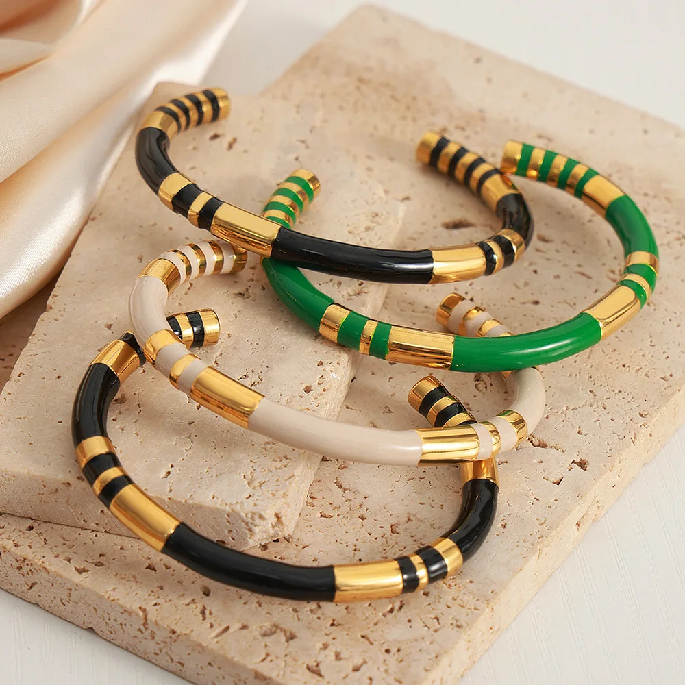 Chic Cuff Bracelets For Women Stainless Steel Beige Black Enamel Women Smooth Bangle Waterproof Charm Daily Jewelry bangle bracelet stainless steel bracelet