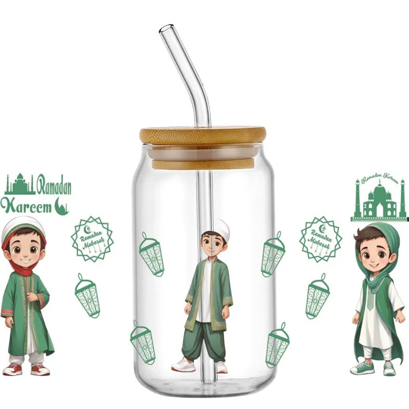 Muslims Cartoon Characters UV DTF Cup Wrap 3D Adhesive Clear Jar Bottle Stationery Washable Transfer Sticker 3d Stickers Cup Wraps Sticker Cups Uv Dtf Wrap Transfer