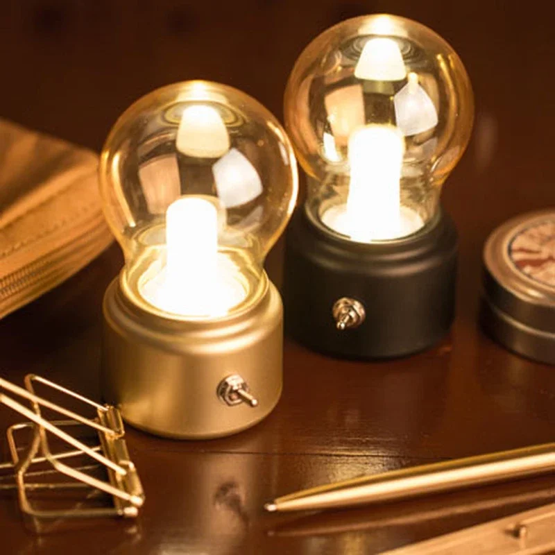 Retro Light Bulb LED Night Light Creative Classical Style Cordless Desk Bedside Portable Atmosphere Decorative