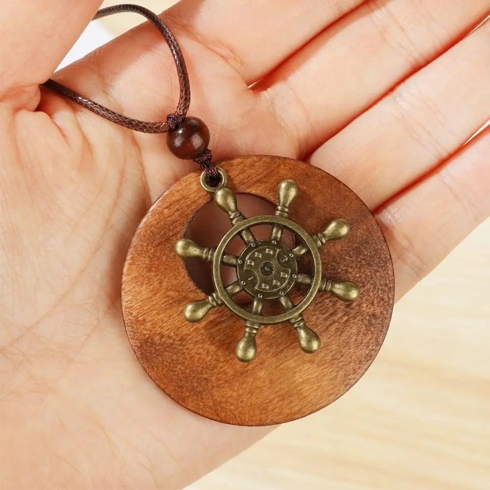 Vintage Wooden Pendant Necklace with Ethnic Chain and Clock Accent