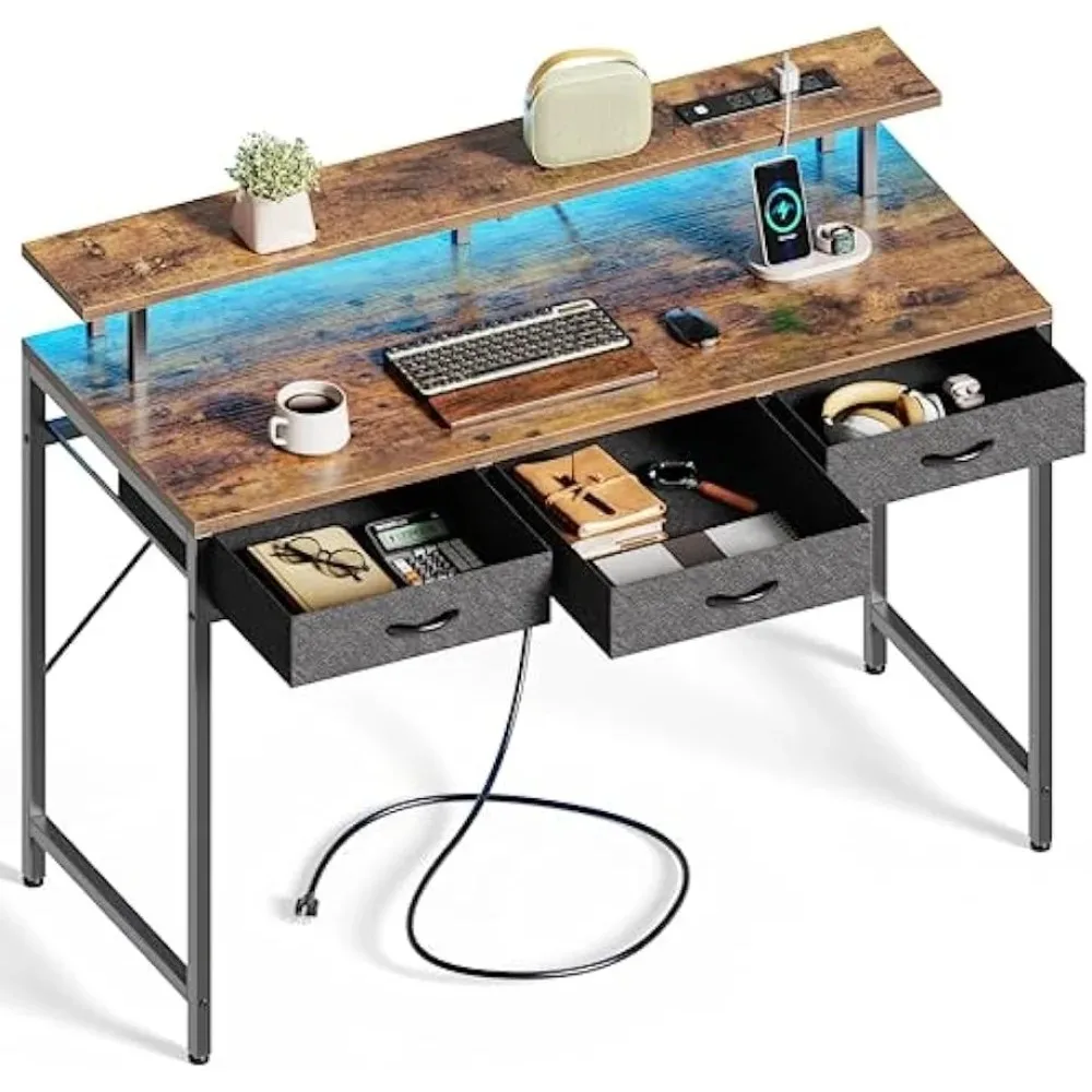 

47 inch Computer Desk with LED Lights & Power Outlets, Gaming Desk Home Office Desk with Storage Drawers, Rustic Brown